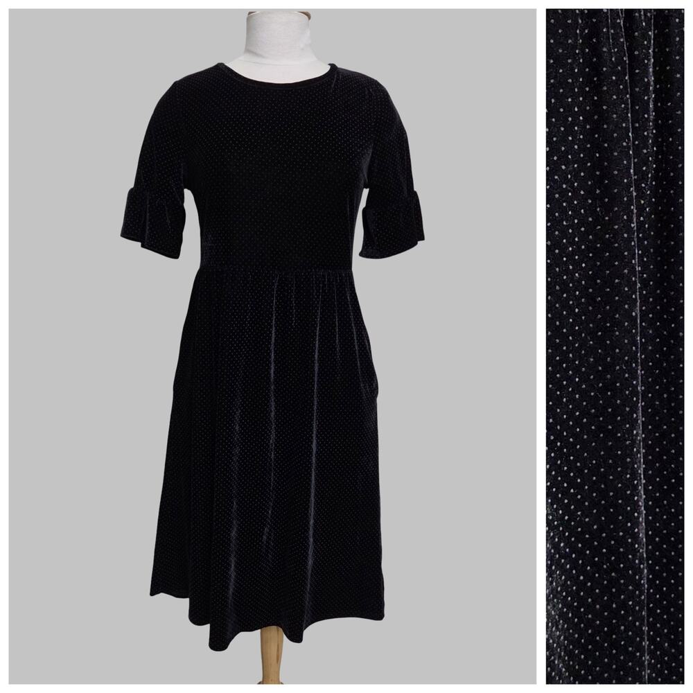 Orange Creek Black Velvet Dress Size Small Polka dot Short sleeve Pockets Party
